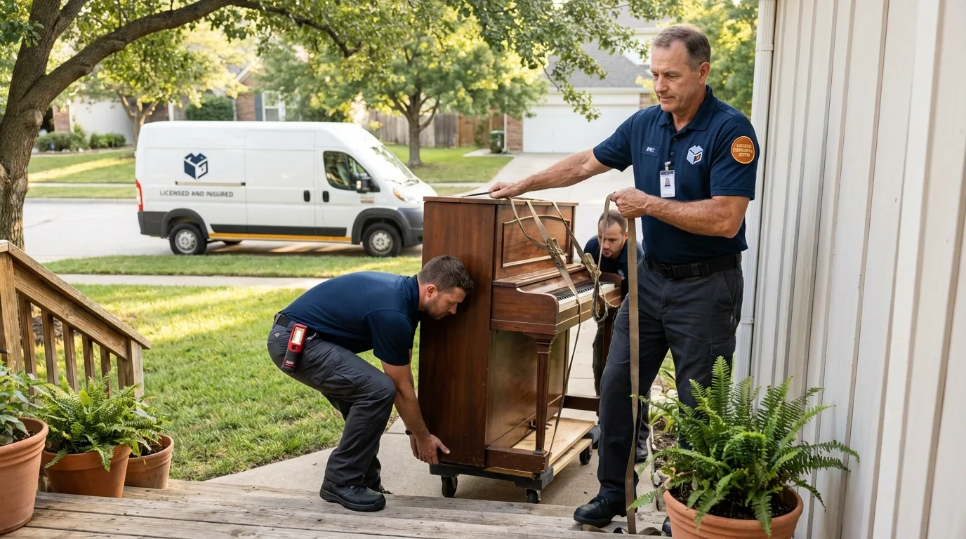 Licensed piano movers securing grand piano in Sioux Falls, SD