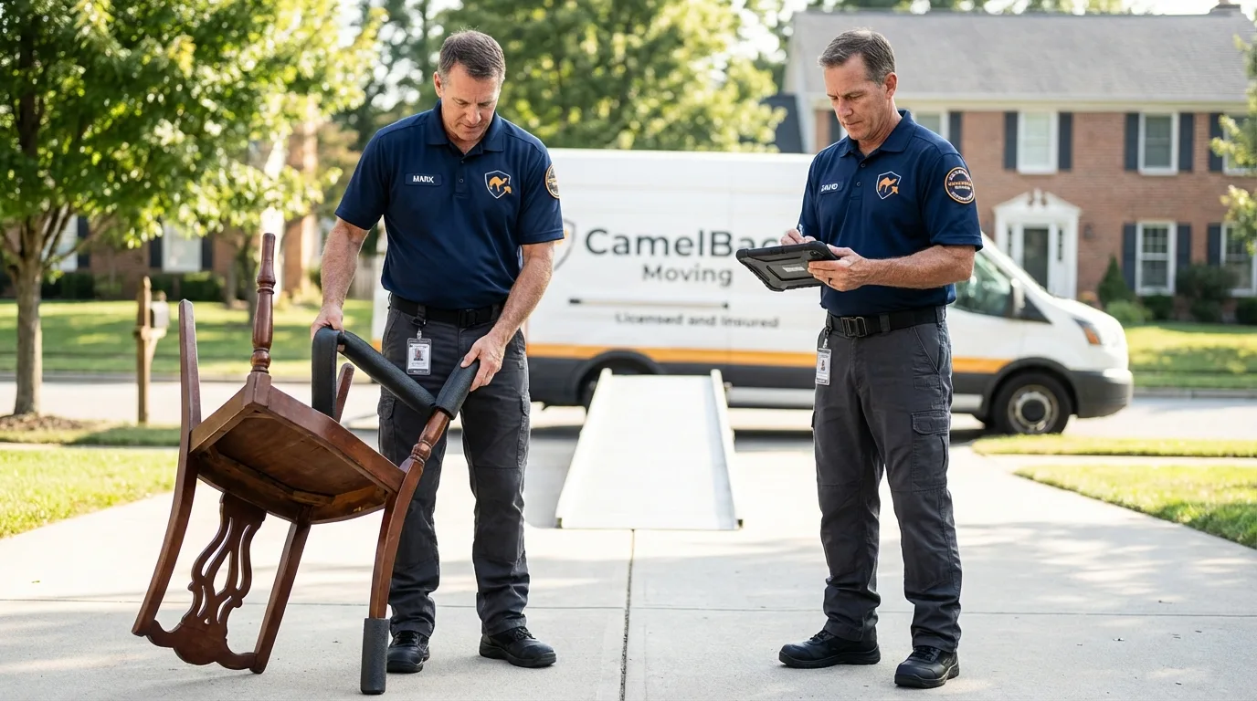 Movers inspecting furniture for damage prevention before loading in Sioux Falls, SD