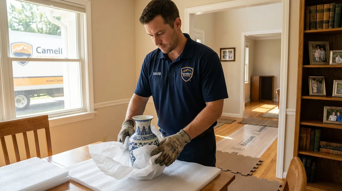 Professional crew carefully wrapping antique vase for senior downsizing move in Sioux Falls, SD